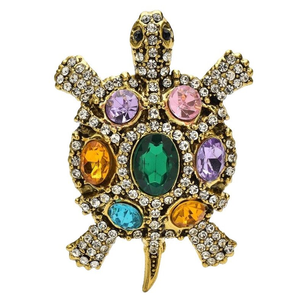 Multicolored Crystal Turtle Brooch Pin Gold Tone Vintage Style Statement